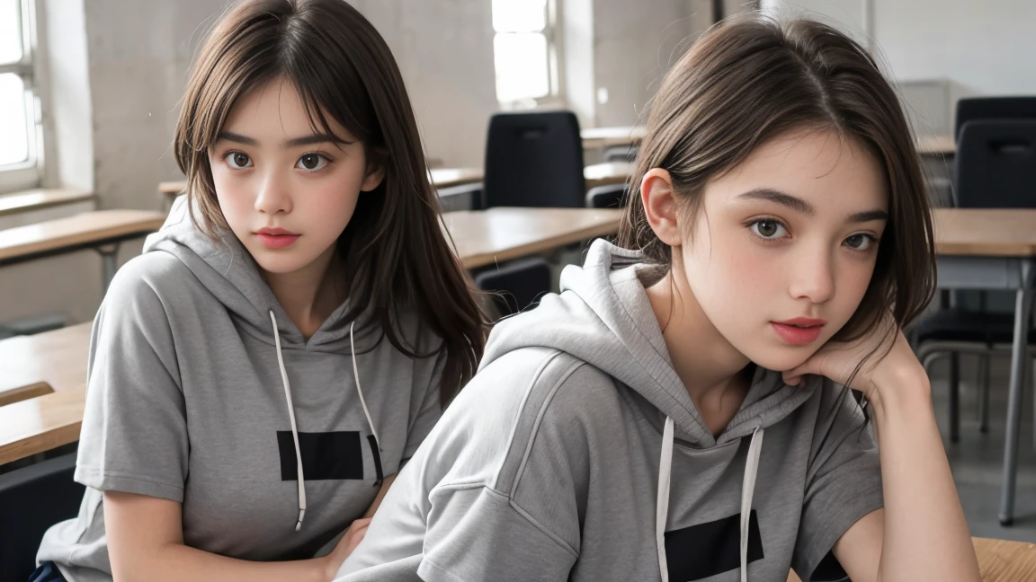 deux femmes ensemble de 18 ans sexy et mince , gray short sleeve hoodie , salle de classe, se touche,position sey,sensuel