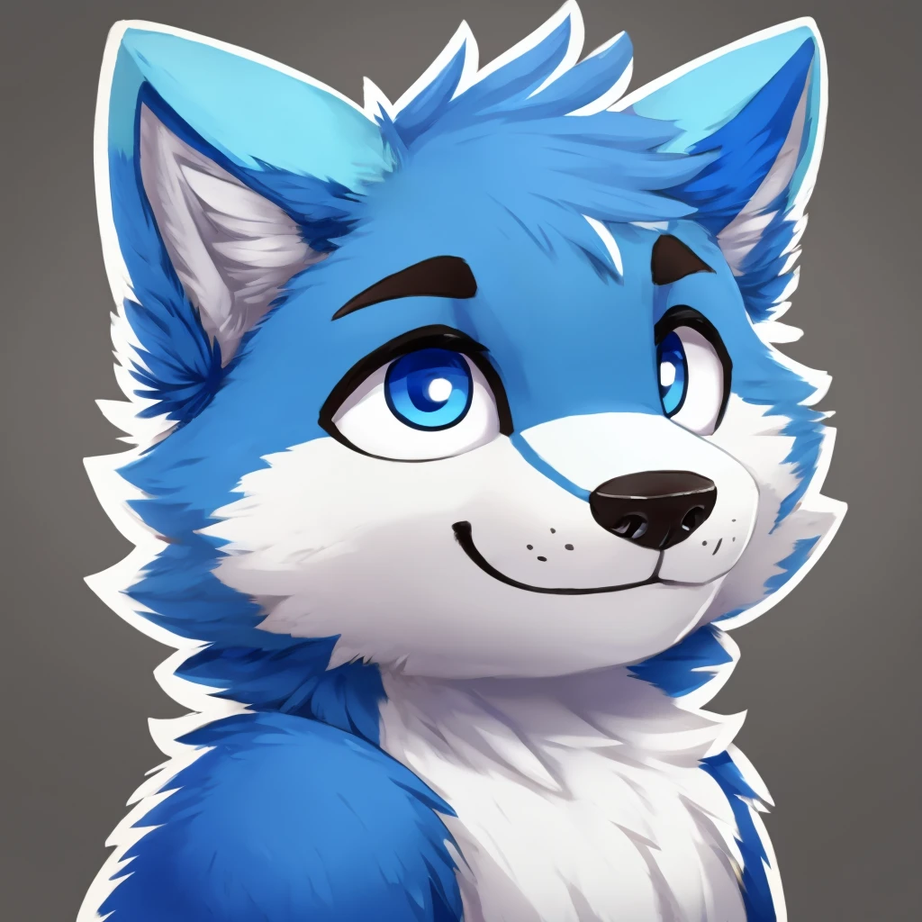 headshot of a cute and anthropomorphic blue colored fur wolf, closed smile, he has red and blue eyes, headshot, high quality furry art, chibi style.