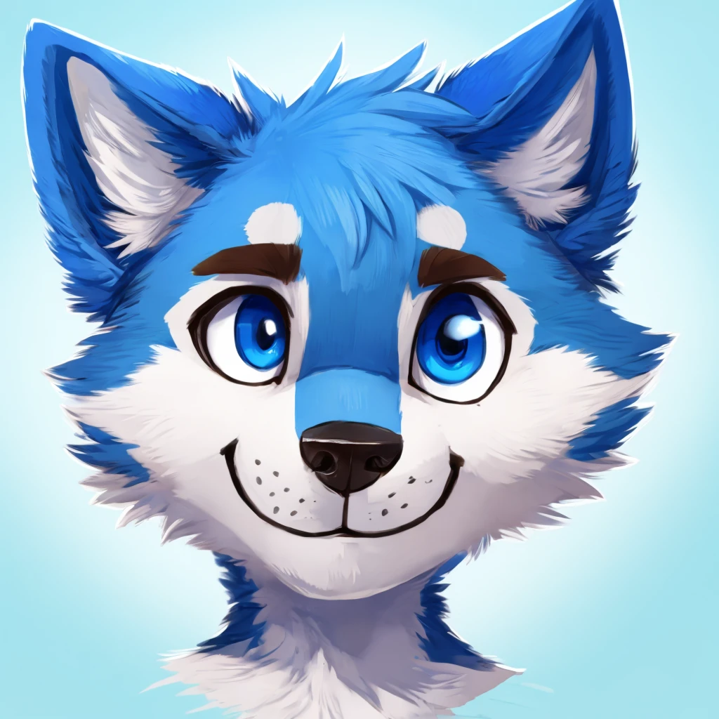 headshot of a cute and anthropomorphic blue colored fur wolf, closed smile, he has red and blue eyes, headshot, high quality furry art, chibi style.