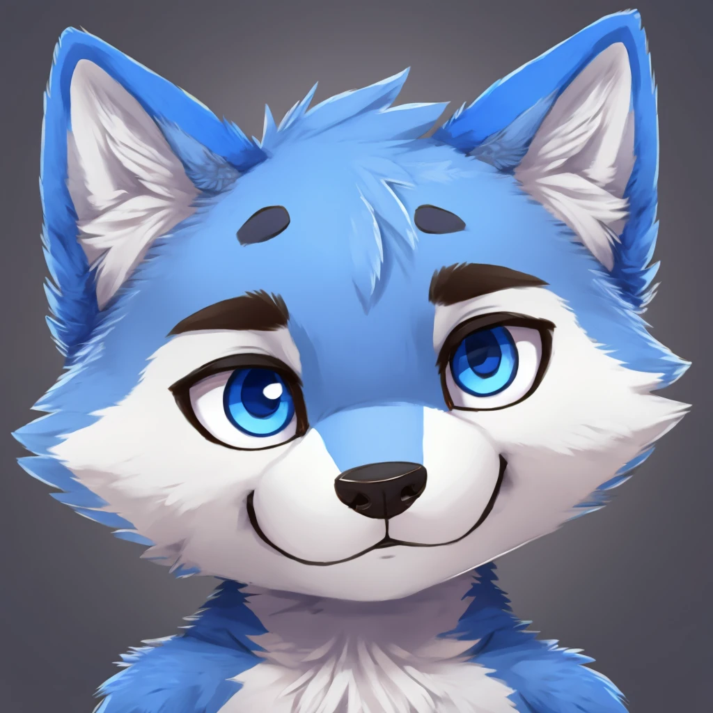 headshot of a cute and anthropomorphic blue colored fur wolf, closed smile, he has red and blue eyes, headshot, high quality furry art, chibi style.