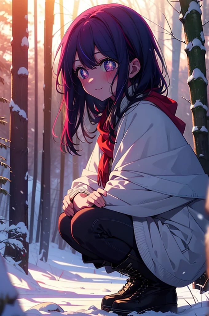 aihoshino, Ai Hoshino, Long Hair, bangs, (Purple eyes:1.1), Purple Hair, (Symbol-shaped pupil:1.5), smile,,smile,blush,White Breath,
Open your mouth,snow,Ground bonfire, Outdoor, boots, snowing, From the side, wood, suitcase, Cape, Blurred, , forest, White handbag, nature, Squat, Mouth closed, Cape, winter, Written boundary depth, Black shoes, red Cape break looking at viewer, Upper Body, whole body, break Outdoor, forest, nature, break (masterpiece:1.2), Highest quality, High resolution, unity 8k wallpaper, (shape:0.8), (Beautiful and beautiful eyes:1.6), Highly detailed face, Perfect lighting, Highly detailed CG, (Perfect hands, Perfect Anatomy),