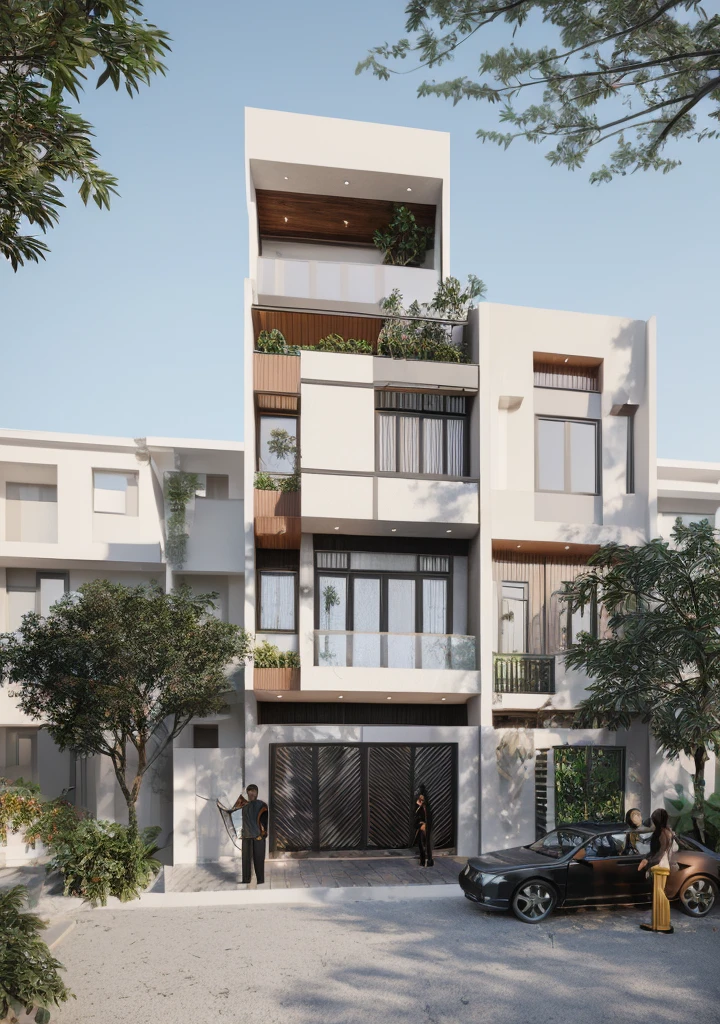 Townhouse in city, daylight,warm light, (sharp focus) front view of townhouse in style of modern, VietNam ,mutual colours, soft lighting, warm atmosphere,high Resolution, hyper detailed,4k ,vray render, hyper realistic,exterior design , professional photography, exterior photography,wide-angle shot , ultra detail , high Resolution . all of doors and windows are made by Xingfa . have many trees , ivys, palms on the bancony. black iron frame . human and girl on the pavement. wooden ceiling. ceiling light.black iron gate.