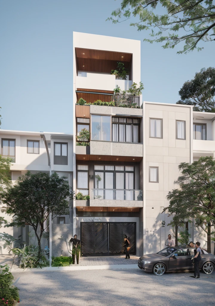 Townhouse in city, daylight,warm light, (sharp focus) front view of townhouse in style of modern, VietNam ,mutual colours, soft lighting, warm atmosphere,high Resolution, hyper detailed,4k ,vray render, hyper realistic,exterior design , professional photography, exterior photography,wide-angle shot , ultra detail , high Resolution .  all of doors and windows are made by Xingfa . have many trees , ivys, palms on the bancony. black iron frame . human and girl on the pavement. wooden ceiling. ceiling light.black iron gate.