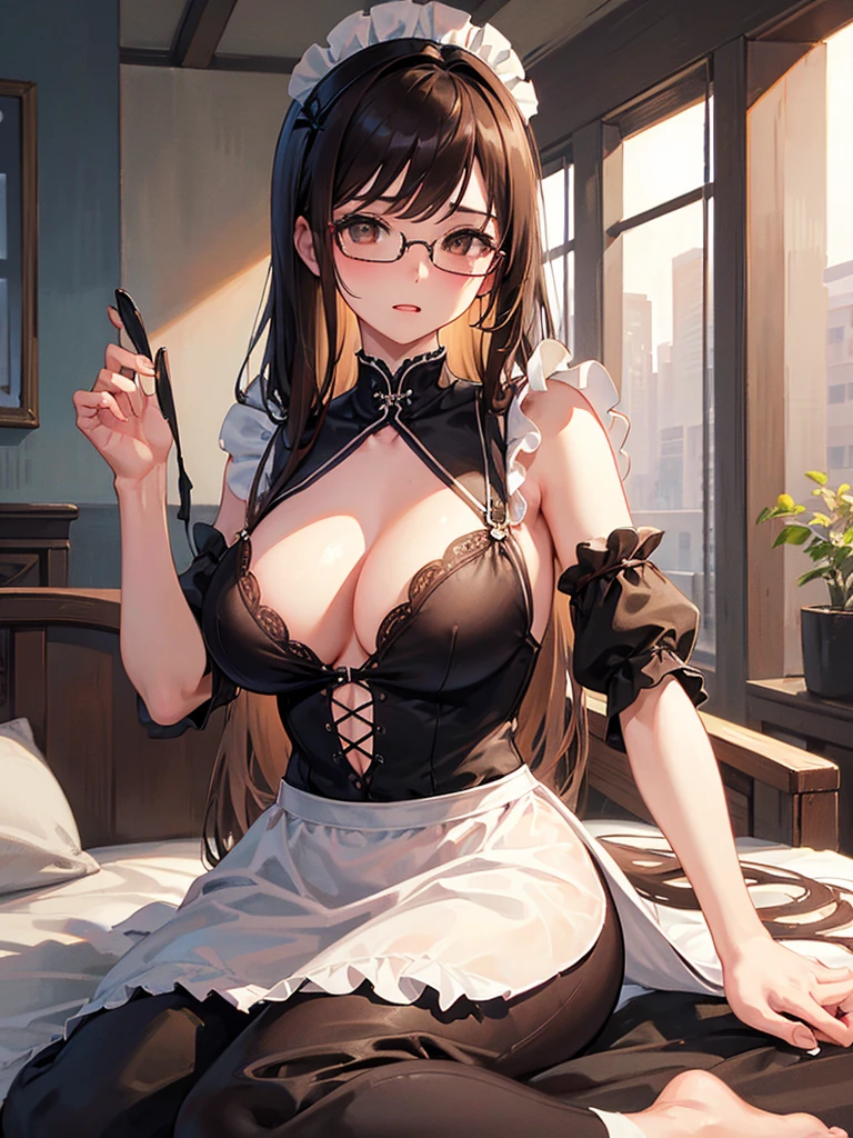 NSFW、1 Female、Brown hair、Brown Eyes、Best Quality、Super detailed、8 Resolution、Raw photo、Mastepiece、Perfect Body、high resolution、Highest quality、Detailed drawing、Vibrant colors、lure、Long Hair、Black-rimmed glasses、Captivating breasts、Big Breasts、Bedroom、Maid clothes