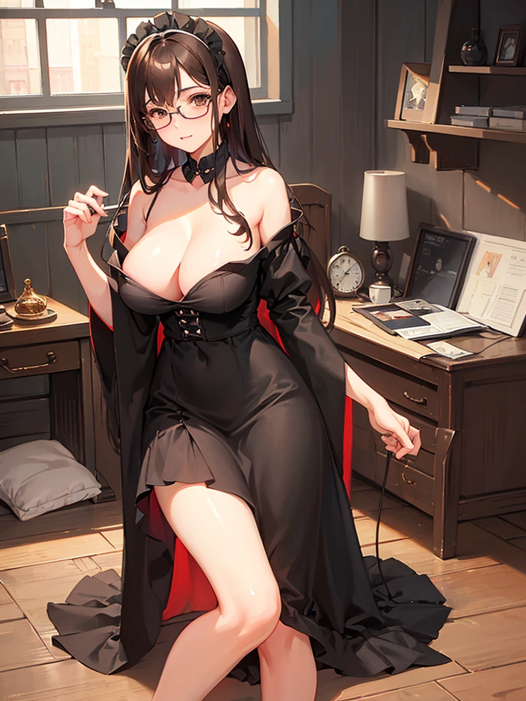 NSFW、1 Female、Brown hair、Brown Eyes、Best Quality、Super detailed、8 Resolution、Raw photo、Mastepiece、Perfect Body、high resolution、Highest quality、Detailed drawing、Vibrant colors、lure、Long Hair、Black-rimmed glasses、Captivating breasts、Big Breasts、Bedroom、Maid clothes