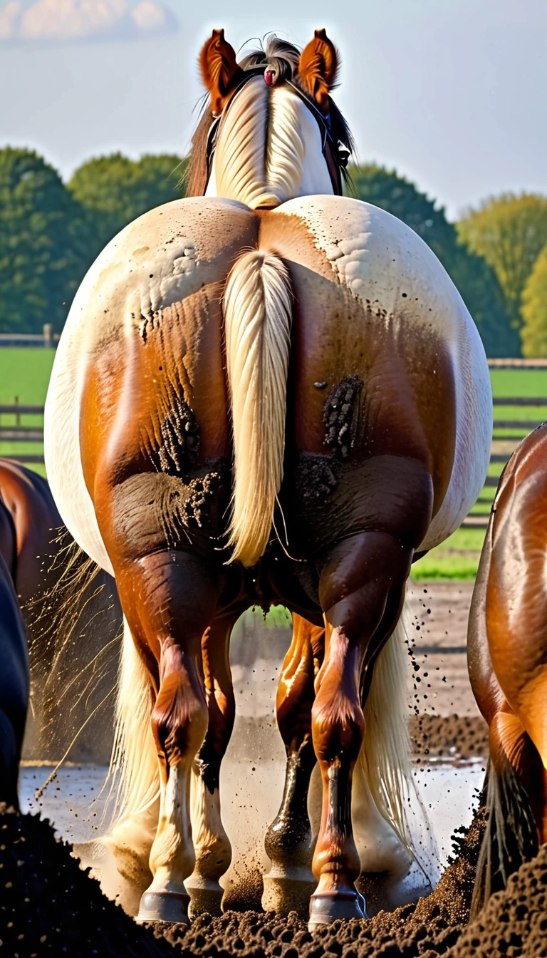 full rear view of large fat hairy Belgian draft horse stallion with lumps of horse dung coming out of the centre of a big bum under tail. facing away from view point - towards horizon. wide open rectum and anus in full view full of horse dung. tail to left side. ((masterpiece)), ((best quality)), ((highres)), ((extremely detailed)), ((close shot, back view)), (super realistic) . anatomically correct. horse surrounded by lumps of steaming dung
