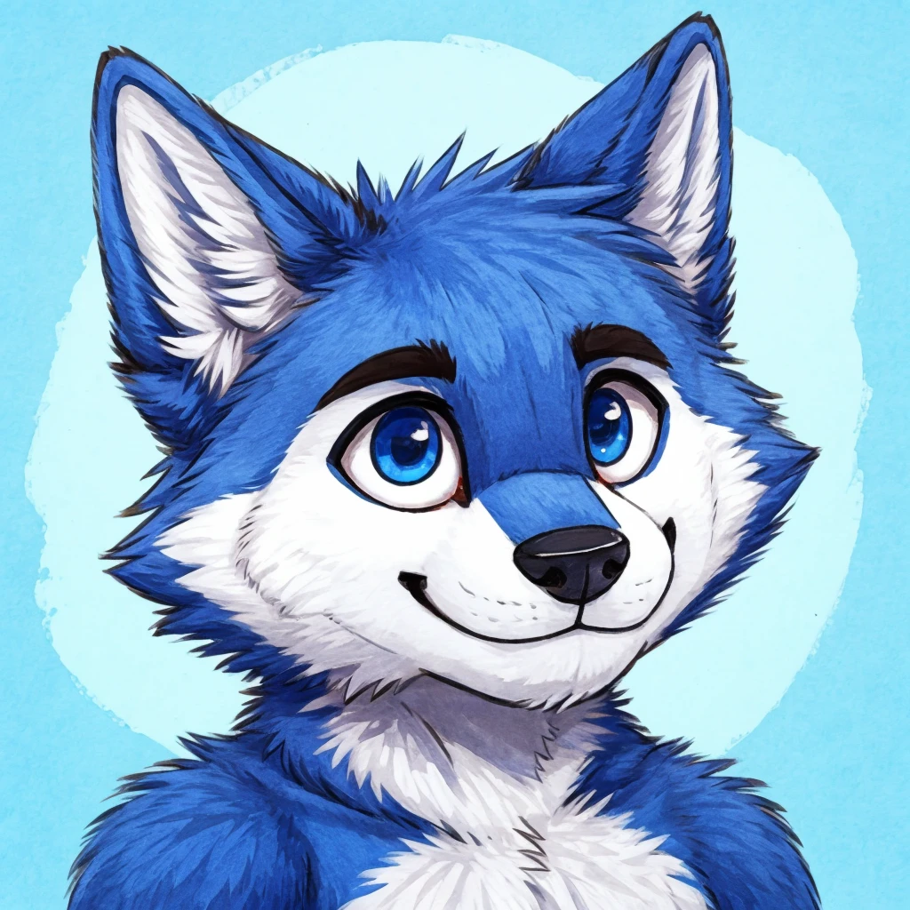 headshot of a cute and anthropomorphic blue colored fur wolf, closed smile, he has red and blue eyes, headshot, high quality furry art, chibi style.