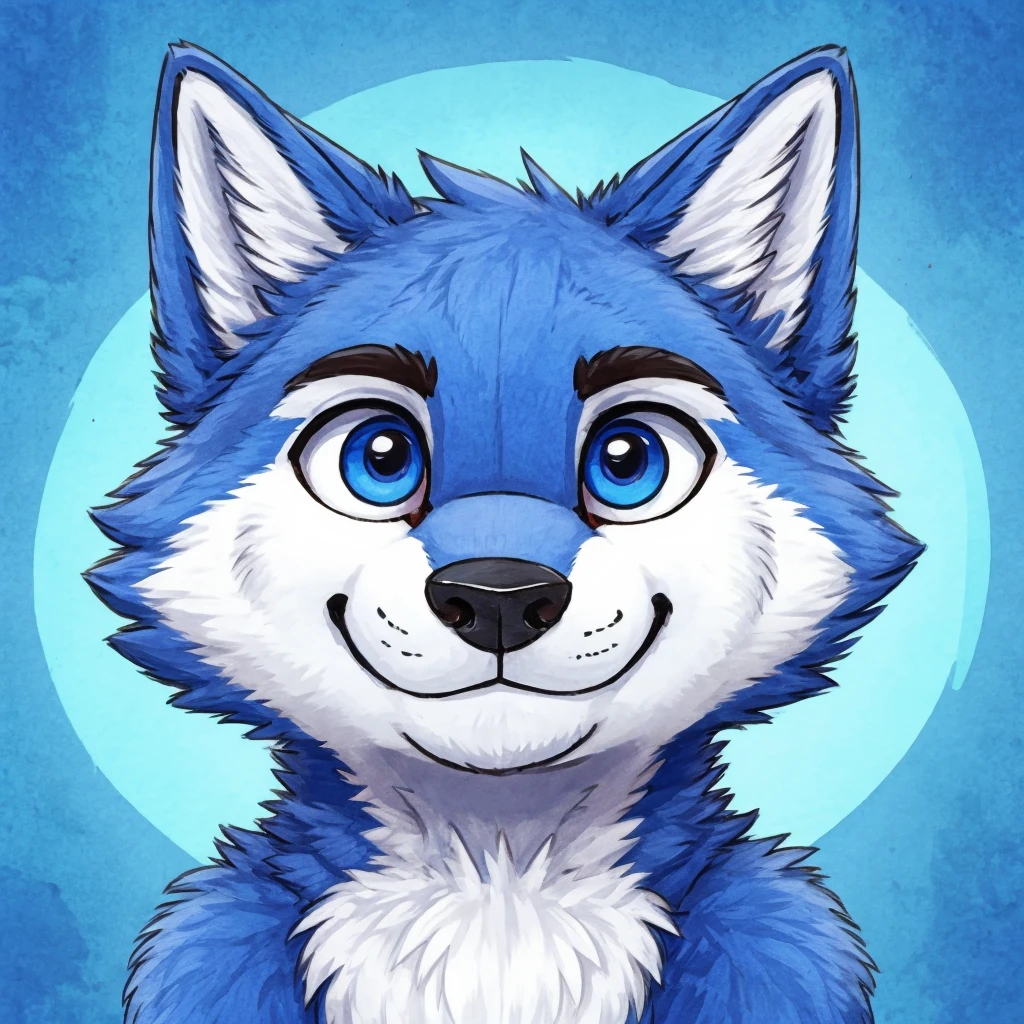 headshot of a cute and anthropomorphic blue colored fur wolf, closed smile, he has red and blue eyes, headshot, high quality furry art, chibi style.