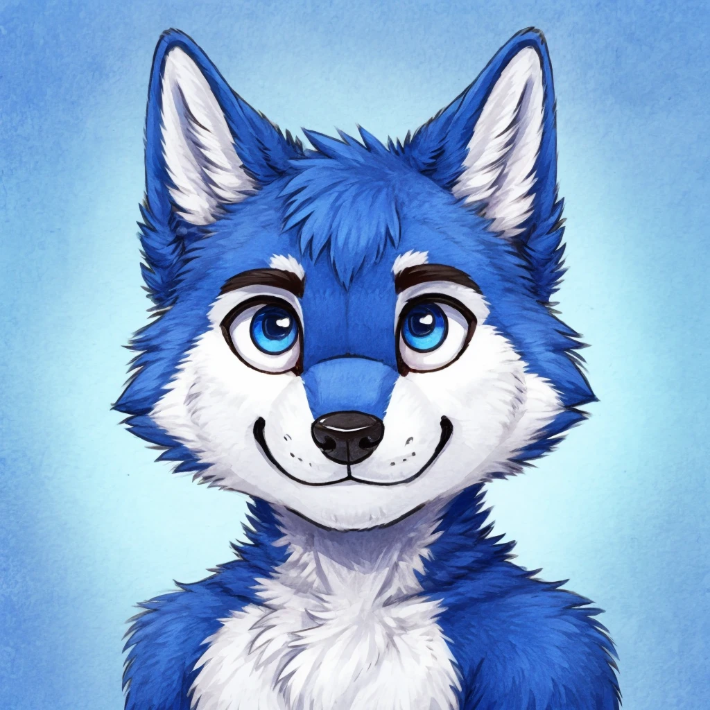 headshot of a cute and anthropomorphic blue colored fur wolf, closed smile, he has red and blue eyes, headshot, high quality furry art, chibi style.