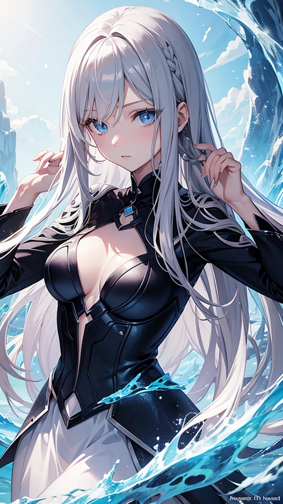 Cover Magazine, anime, young woman, alone, Long Hair, Gray Hair, blue eyes, model, beautiful, Medium chest, Half Body Portrait, Fantasy, ice