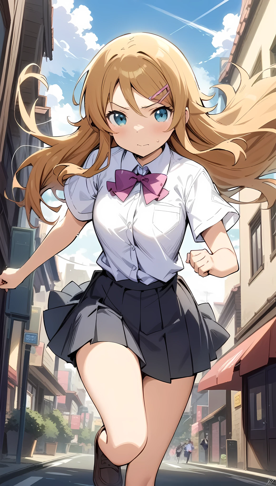 masterpiece, best quality, very aesthetic, absurdres, newest,1girl, pleated skirt, shirt tucked in, tented shirt,kousaka_kirino, ore no imouto ga konna ni kawaii wake ga nai, orange hair|brown hair, long hair, floating hair, shiny hair, blue eyes|aqua eyes, pink hairclip, ,sweating profusely,in a city floating in sky,running,floating_hair