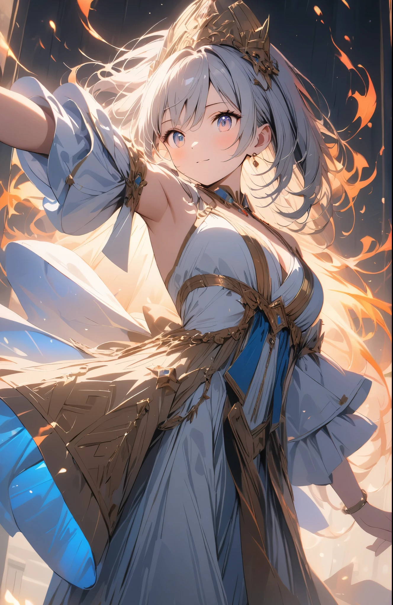 Anime,a beautiful fire priestess dancing amidst spectacular swirling flames, dramatic lighting, extreme detail, 8k, intricate ornate costume, elegant pose, intense fiery colors, volumetric lighting, photorealistic, cinematic composition, masterpiece, hyper detailed, ultra realistic,cute,effect