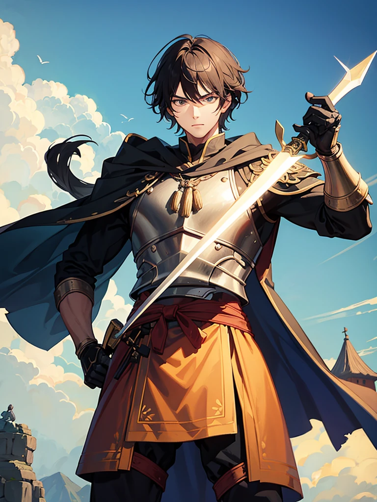 Make the msost beautiful picture that you can, whatever you want to make, make it a beautiful landscape, make it very beautiful, add some animals, add a warrior in the background, it is of medieval times, he's holding a big rijbdulahwyhbkked sword, has bow and arrows on hims back and is wearing cool clothes, he's standing with his sword out in front of a village, make it look like an anime, he's tall and looks very handsome, he's wearing a mask, he has a great body, he's buff and looks menacing, he has a big body