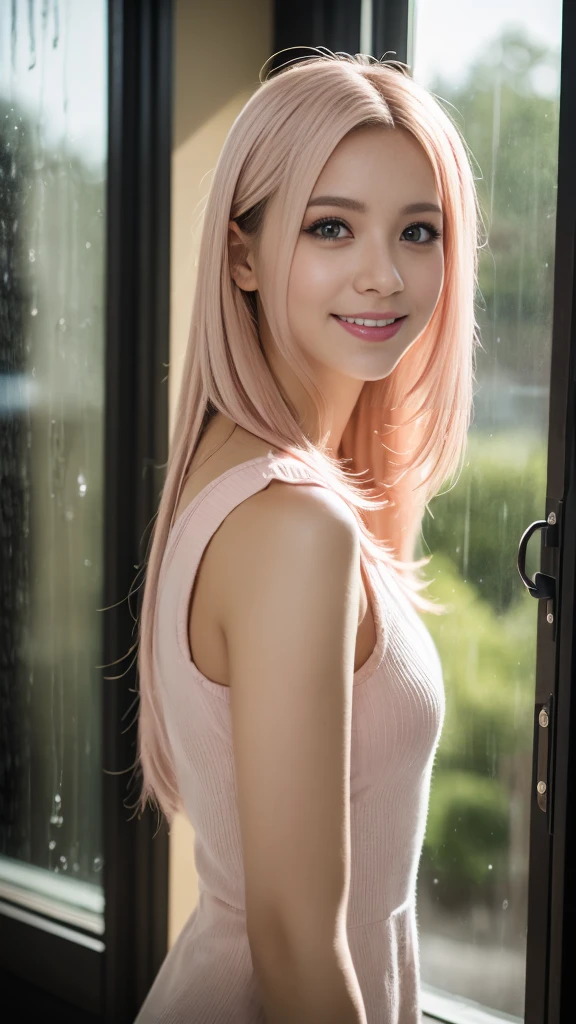(masterpiece), (best quality), Ultra-high resolution, Raw photo, A photo-realistic, ((Looking outside by the window on a rainy day)), super cute woman, 1girl, (perfect face:1.2), (beautiful face:1.2), (((pale pink hair))), long hair, (upper body:1.3), happy, light smile, (looking out the window:1.4), pose, sheer shirt, indoors, morning time, intricate, depth of field, cinematic lighting,