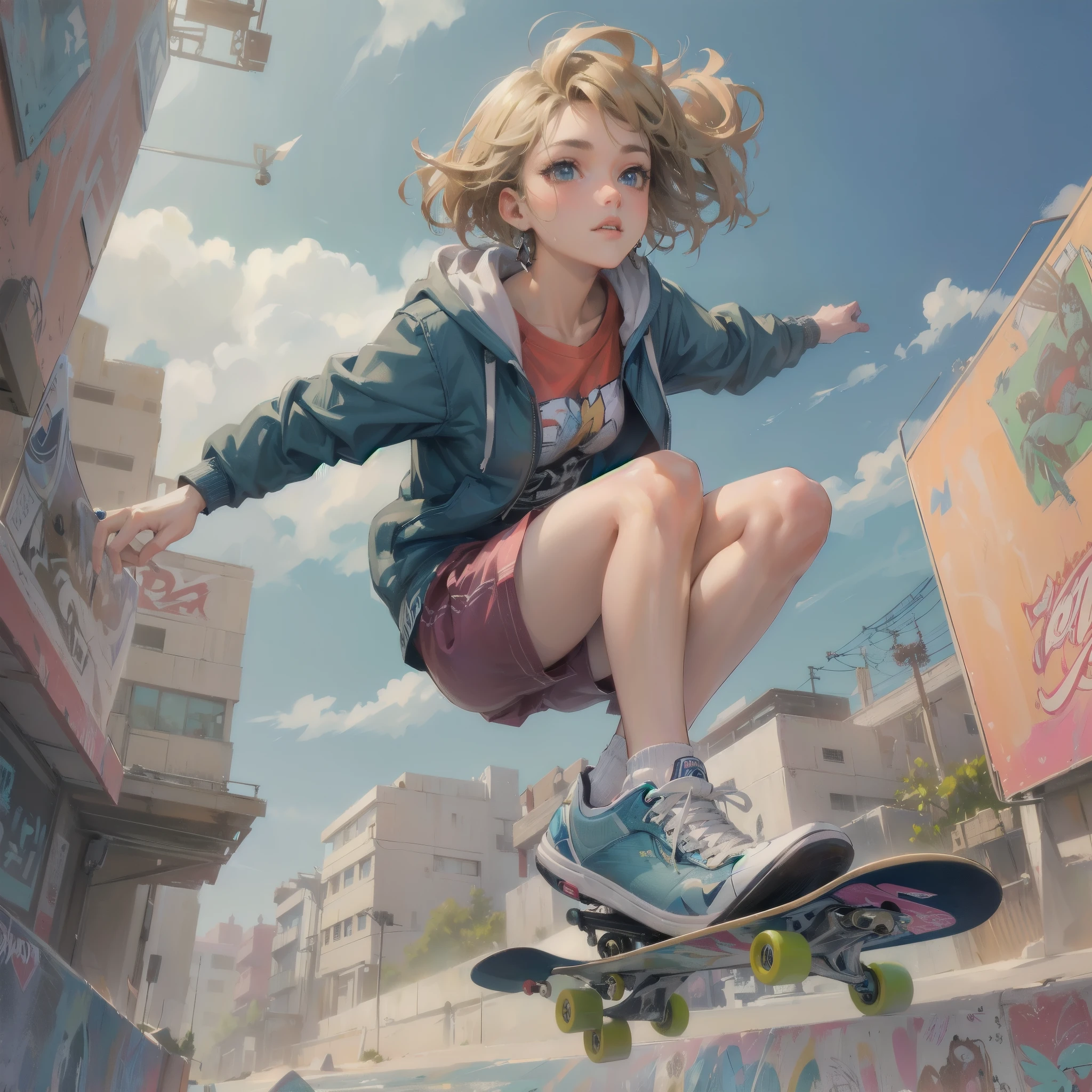 masterpiece, (textured skin), best quality, gorgeous beautiful girl, (a female skateboard athlete), detailed clothes,large breasts,narrow waist,, (beautiful face), cinematic lighting, (at skateboard venue ),