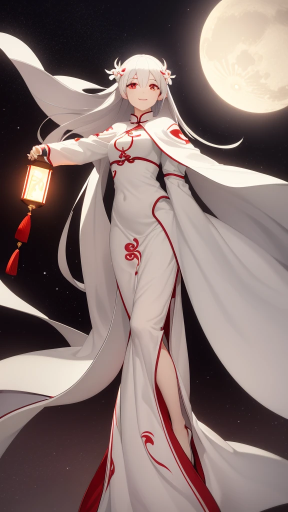 1 girl, silver hair, red eyes, white skin, smile, long hair, flying, floating in the air, white cloak, holding a lantern, Chinese lantern, night, moon