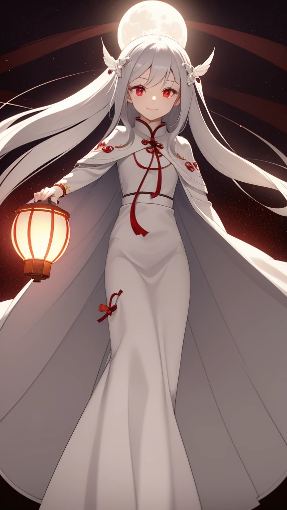 1 girl, silver hair, red eyes, white skin, smile, long hair, flying, floating in the air, white cloak, holding a lantern, Chinese lantern, night, moon