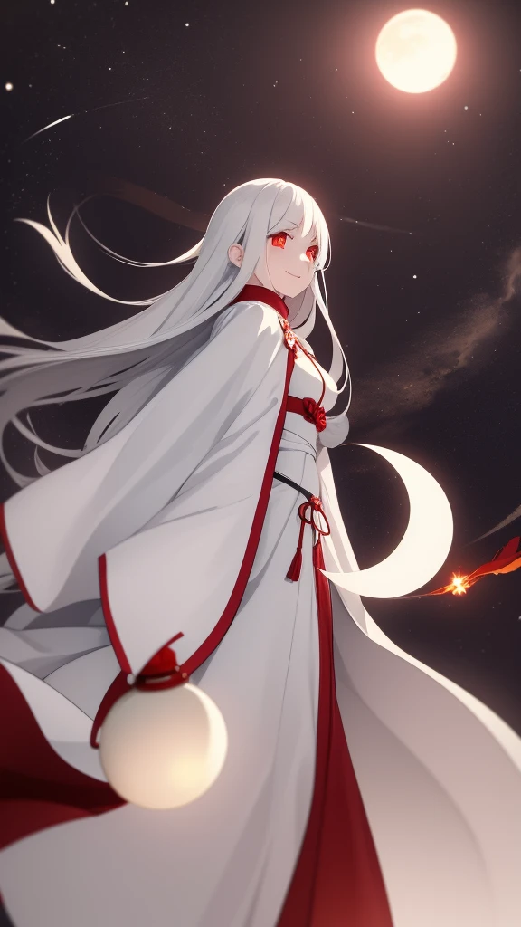 1 girl, silver hair, red eyes, white skin, smile, long hair, flying, floating in the air, white cloak, holding a lantern, Chinese lantern, night, moon
