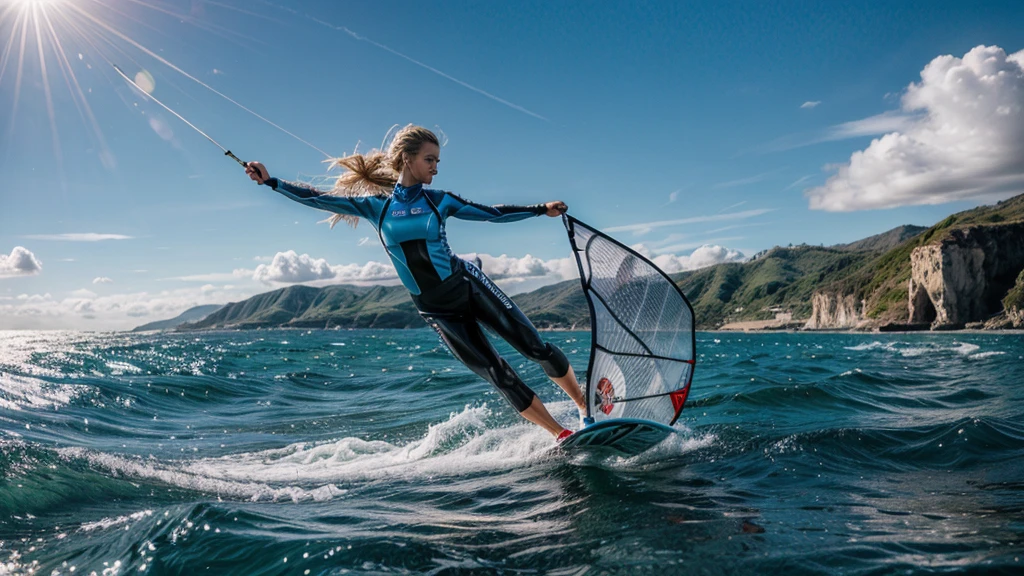 "A slender blonde woman windsurfing on the blue ocean, with a clear sky in the background. The scene is vibrant, with realistic waves and sunlight reflecting off the water. The woman is wearing a stylish wetsuit, and her hair flows in the wind. The overall image is high-resolution and highly detailed, capturing the dynamic movement and excitement of windsurfing."