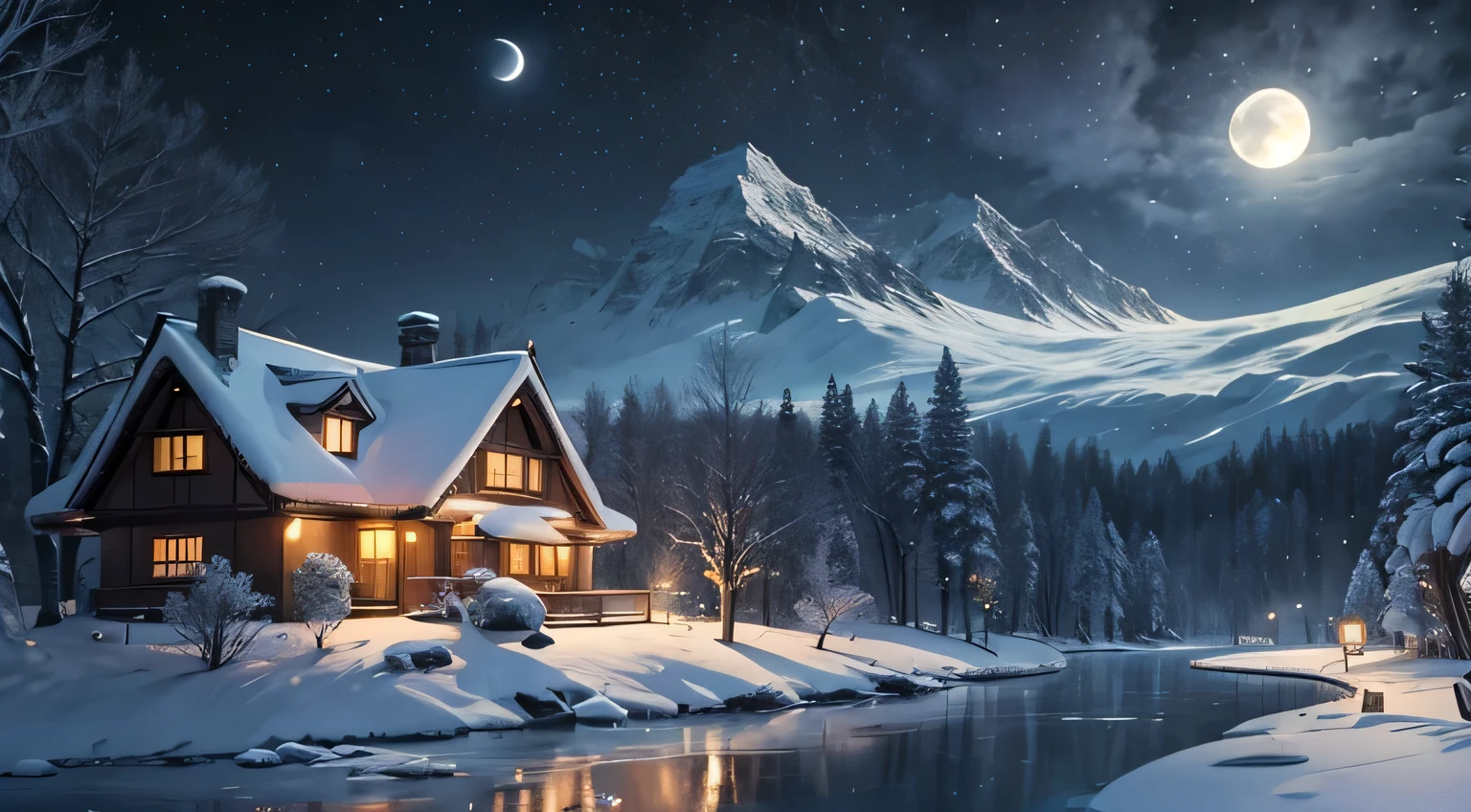 Arafed house in a Yukiy landscape with a full moon, Beautiful house, Winter nights, yukiy winter, House Background, Moonlight Yukiing, (yuki), Winter scene fantasy, Yukiy Night, winter yuki, Yukiy Winter Christmas Night, winter wonderland, Wintertime, Winter setting, Moonlight Yuki, Winter in Yuki, Wintertime, Yukiy Winterszene, In winter