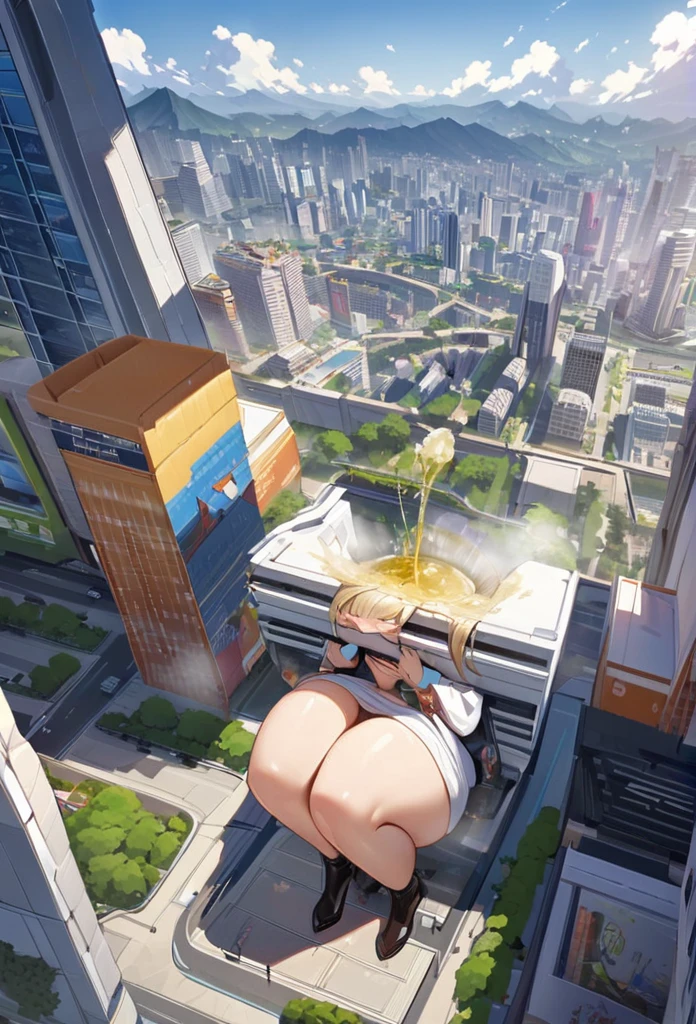 NSFW，{A giantess}，{1个Giant Girl}，{urinating}clouds， looking over city， mountain ranges， tmasterpiece, Best quality, The content is very detailed,tmasterpiece,Best quality,offcial art,extremely detaild的 CG unified 8k wallpapers，{{{A giantess}}}，Huge girl，1 girl，modern miniature city，pissing，No shoelackstockings}，squatt，face flushed，comfortable expressions，pissing，urine，Nourishes urine，urine squirting，Urine gives off steam，Modern miniature city squatting and peeing ，The city is full of urine, wxaliwonlan