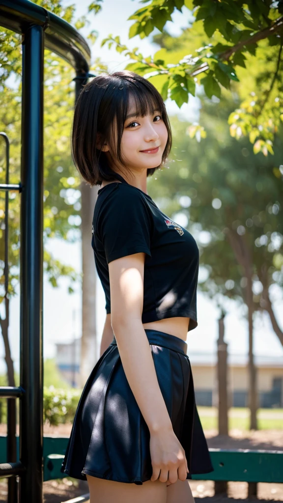 (Highest quality,masterpiece:1.3,Ultra-high resolution),(Very detailed,Caustics,8K),(Realistic:1.4,RAW shooting),1 Girl,18-year-old,cute,Japanese,Black short bob,(Tight T-shirt、Nipple erection、flare skirt),(Look at me with a smile),morning,blue sky,sun,Natural light,School Playground,(Front shot),Face Focus,Face close-up,Bust up shot,Low position,Low Angle,Backlight,Lens flare