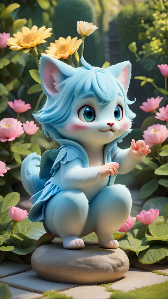 3d animation,motion, personality: A picturesque garden filled with vibrant flowers and mystical creatures. The sun is shining brightly, casting a warm glow over everything. unreal, hyper real --q 2 --v 5.2 --ar