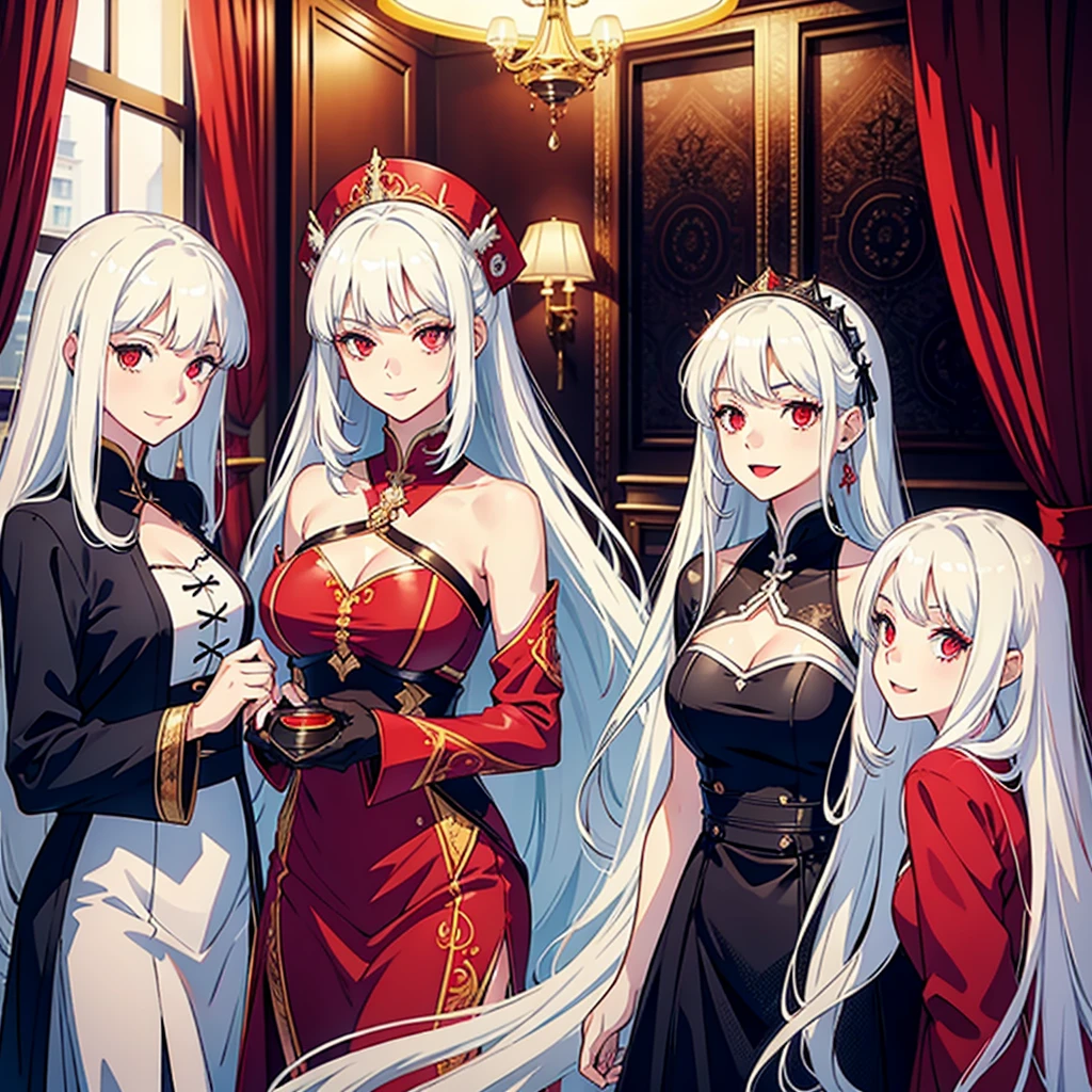 Many beautiful girls with white hair and red eyes,wear beautiful clothes side by side,Smiling in hotel room