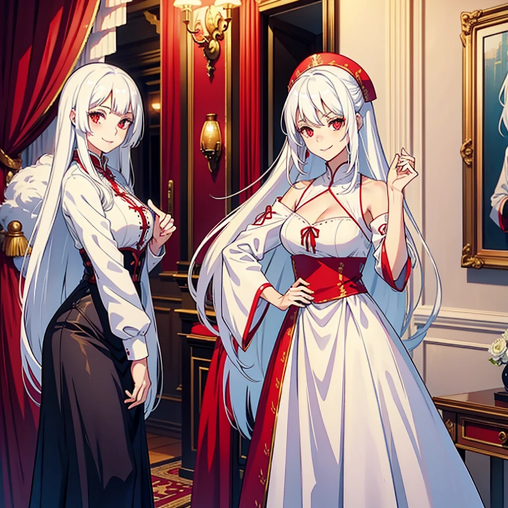 Many beautiful girls with white hair and red eyes,wear beautiful clothes side by side,Smiling in hotel room