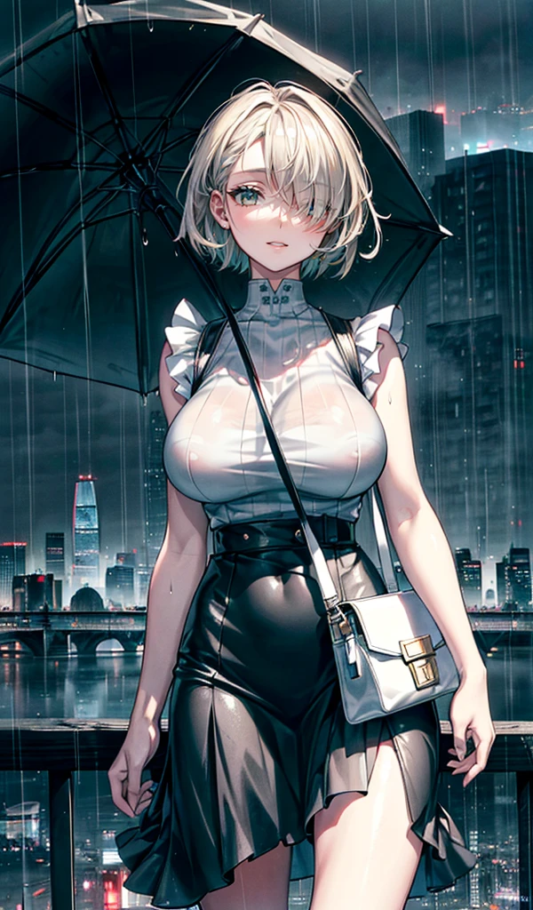 Please follow the all prompts below exactly and faithfully, This is a breathtaking masterpiece of digital illustration, with maximum resolution, UHD, 512K, 2160p, 10 million ppi, 300 million dpi, natural color tones, ultra sharp details, perfect outlines with contrast, ((smooth, soft and clearly and most realistic skin and hair texture)), most beautiful detailed eye features, perfect anatomically correct human body, beautiful background with depth, rule of thirds, depth of field, Maximize all element is used to its full potential to create the best digital illustrations, 1woman, sexy:1.5, beautiful face sharp, elegant woman, perfect body style, slender, beautiful big breasts, green eyes, blonde hair, hair over one eye, short hair, glossy very thick lips:0.7, pink lipstick:0.7, smile:1.5, Summer casual attire for an adult woman, skirt with detailed design, short sleeves or sleeveless, including accessories like a hat or bag, (very hard rainy cityscape background:1.5), 