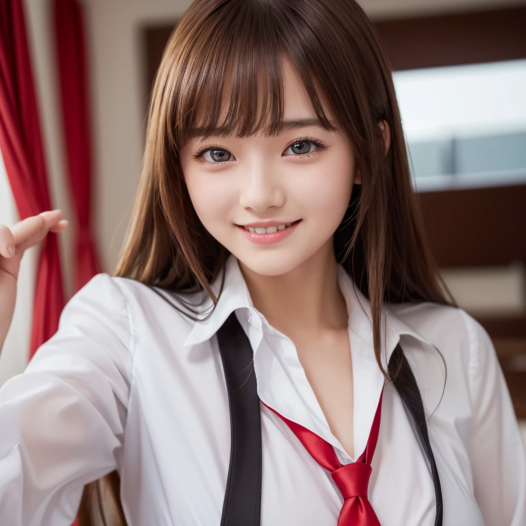 On the table,Highest quality,Very detailed,Fine details,High resolution,8K,((realism:1.4,Original photo,超High resolution,Best image quality:1.4)),On the table、Highest quality、 Very detailed、High resolution、8K壁紙、Perfect dynamic composition,、Beautiful and delicate eyes、(Beautiful boobs:1.1) 、Blue blazer、、White shirt、Red tie、One Girl、Beautiful girl、high school student、Blonde、Shortcuts、Covering the left eye with bangs、Red eyes、smile