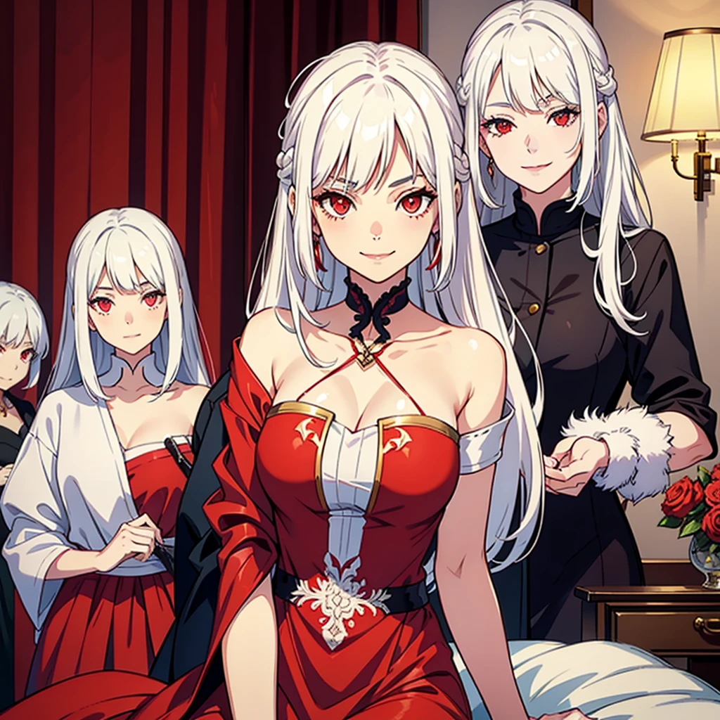 Many beautiful girls with white hair and red eyes,wear beautiful clothes side by side,Smiling in hotel room