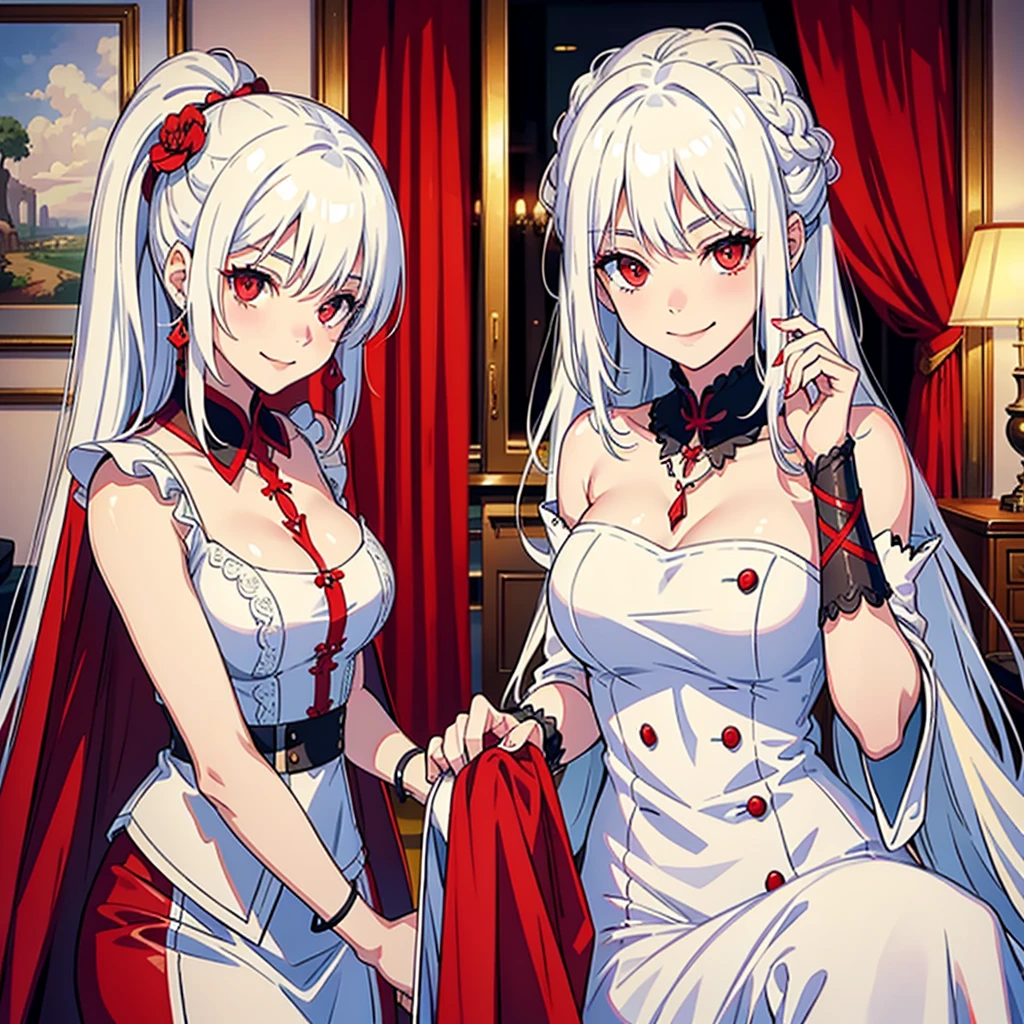 Many beautiful girls with white hair and red eyes,wear beautiful clothes side by side,Smiling in hotel room