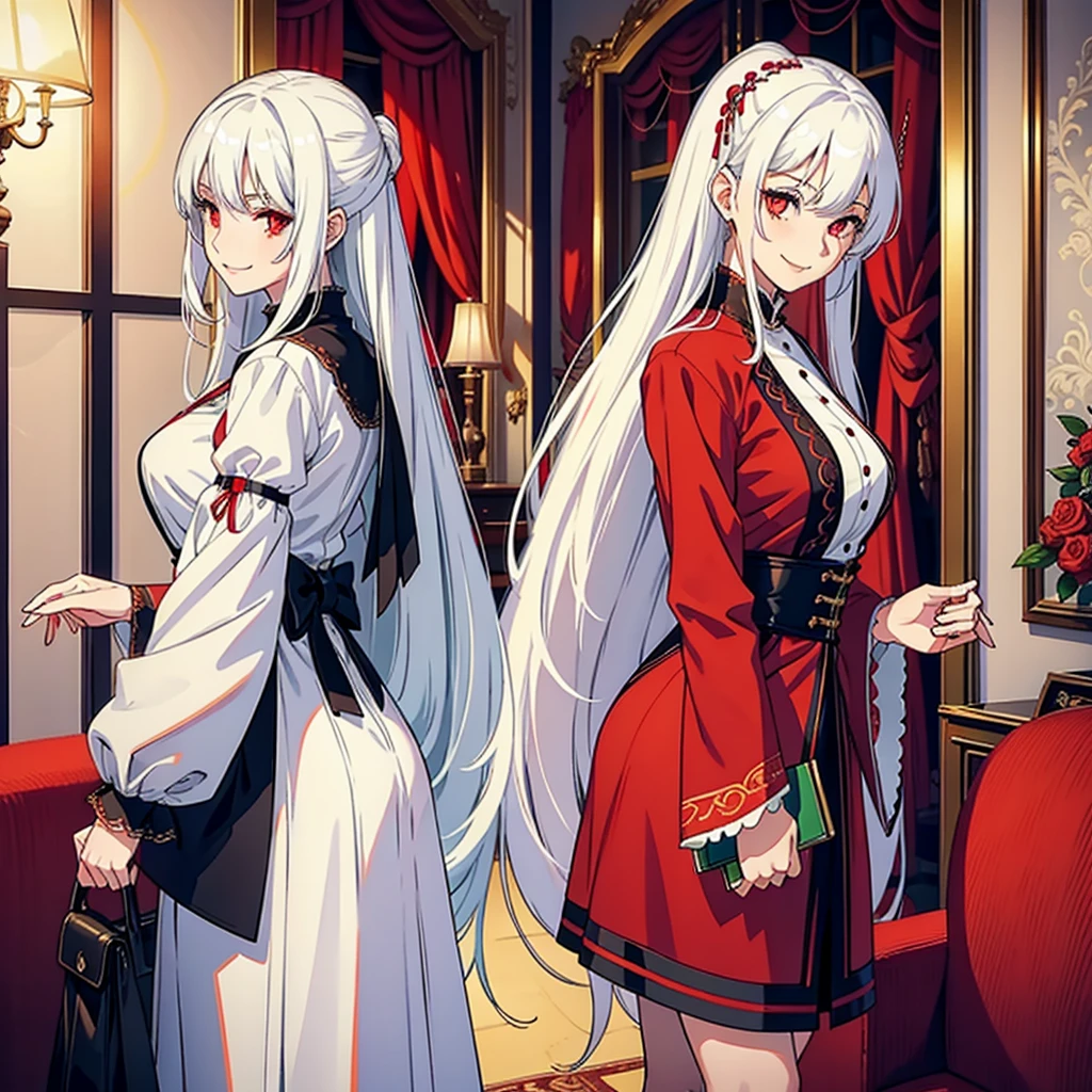 Many beautiful girls with white hair and red eyes,wear beautiful clothes side by side,Smiling in hotel room