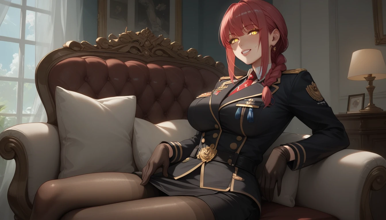 score_9, score_8_up, score_7_up, score_6_up, uncensored, Makima, maroon hair, braided ponytail, ringed eyes, yellow eyes, naughty face, shiny skin, sweating, BREAK (masterpiece:1.2), best quality, high resolution, unity 8k wallpaper, (illustration:0.8), (detailed eyes:1.3), perfect lighting, extremely detailed CG, (perfect hands, perfect anatomy), hearts, pleasured, Expressiveh, clenched teeth, thick lips, gloves, breasts, 1girl, large_breasts, sitting, military, black_gloves, couch, pantyhose, jacket, looking_at_viewer, military_uniform, bangs, indoors, chair, uniform, crossed_legs, long_sleeves, solo
