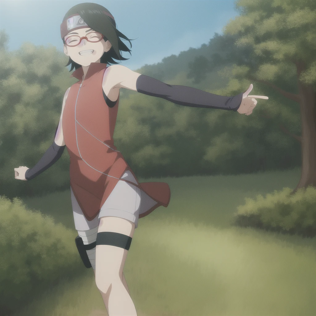 anime screencap, anime coloring, 
1girl,solo,black hair,short hair,forehead protector, (dress:1.1),bare shoulders, arm warmers,( shorts:0.8), cowboy shot, glasses,red-framed eyewear, bandaged leg, thigh holster, standing,outdoors, sun,blue sky,forest,nature,looking at viewer, outstretched arms, smile,closed eyes, hug,pov,facing viewer,