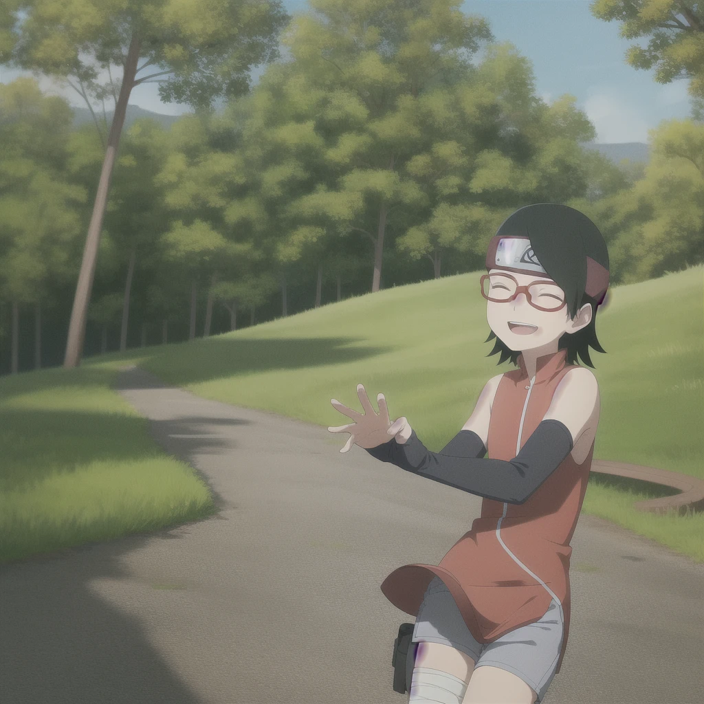 anime screencap, anime coloring,
1girl,solo,black hair,short hair,forehead protector, (dress:1.1),bare shoulders, arm warmers,( shorts:0.8), cowboy shot, glasses,red-framed eyewear, bandaged leg, thigh holster, standing,outdoors, sun,blue sky,forest,nature,looking at viewer, outstretched arms, smile,closed eyes, hug,pov,facing viewer,