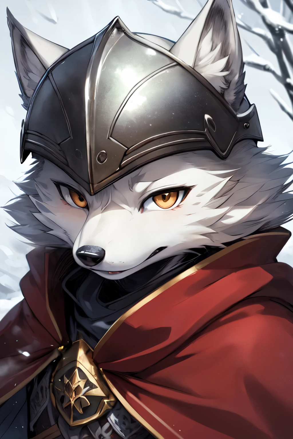 Yoshitaka Amano，1 person, 8k Werewolf Portrait, Arctic fox, Arctic fur is as white as snow，knight，helmet，Red Cape, complex, Very detailed, number, Smooth, Clear focus, illustration, ((masterpiece))，Blizzard weather