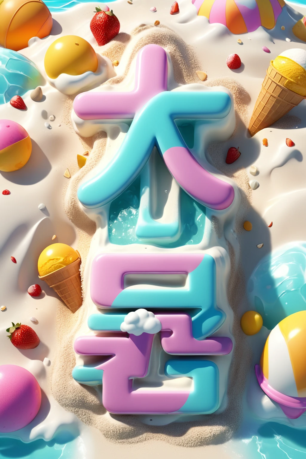 ice cream text design, cartoony, summer beach background, ice cube, Special features, Octane rendering and blender, hyper quality, clear features, Ultra HD and 8K resolution, Fresh hand drawn illustration
