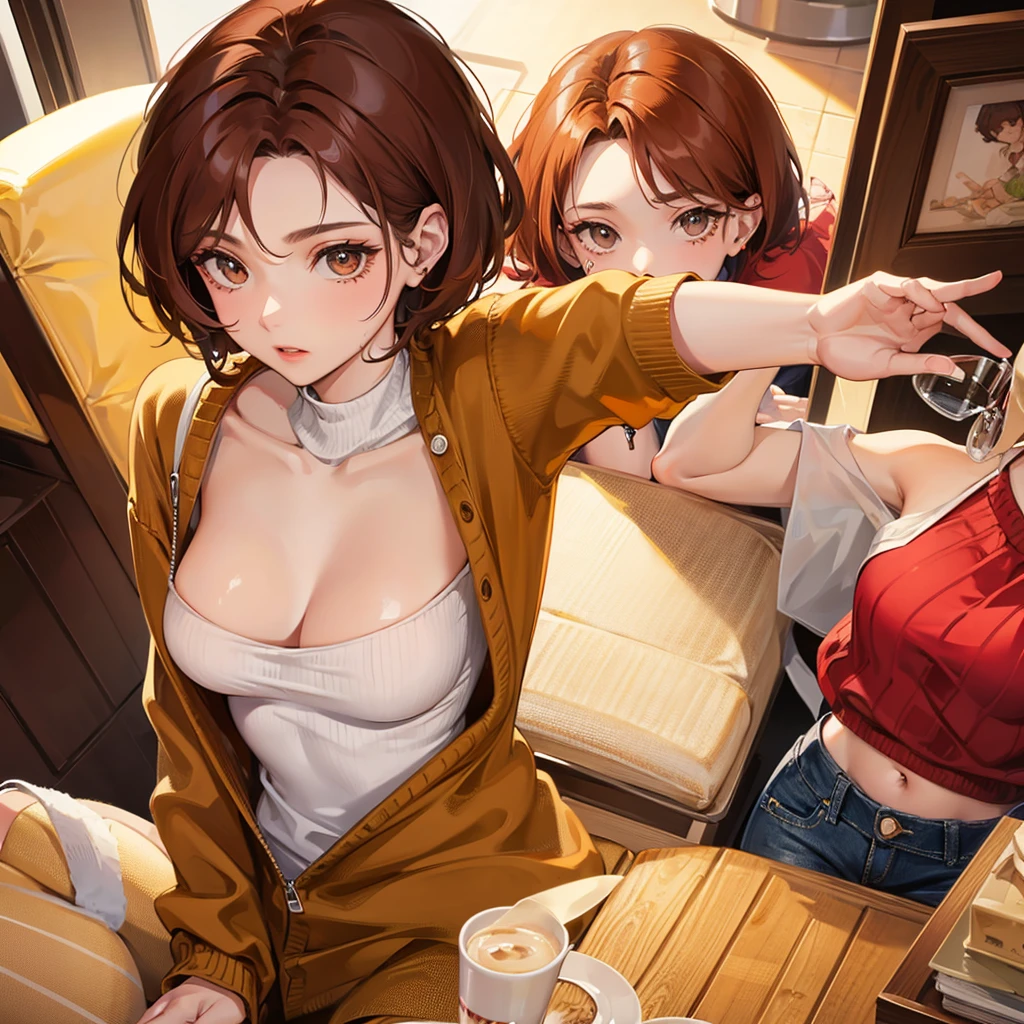 1 girl, beautiful girl, short hair, reddish brown, chest open sweater