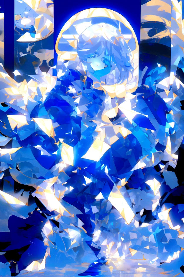 Robot girl, she herself is white and blue, she has short white hair down to her shoulders, she also has blue eyes, instead of ears she has mechanical rays of white and blue colors, she has a smile on her face, and also it is hollow.