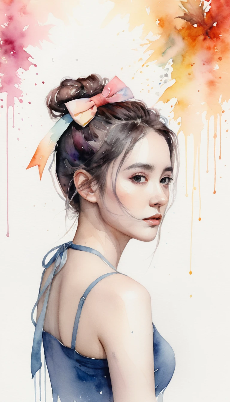 (8k, best quality, masterpiece:1.2),(best quality:1.0), (ultra highres:1.0), watercolor, a beautiful woman, shoulder, hair ribbons, by agnes cecile, half body portrait, extremely luminous bright design, pastel colors, (ink:1.3), autumn lights,

