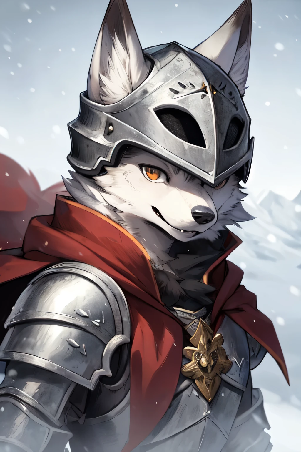 Yoshitaka Amano,1 person, 8k Werewolf Portrait, Arctic fox, Arctic fur is as white as snow,knight,helmet,Red Cape, complex, Very detailed, number, Smooth, Clear focus, illustration, ((masterpiece)),Blizzard weather