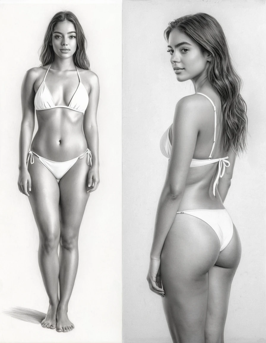 Graphite pencil drawing of the same 20yo Brazilian woman, front and back view, full body, standing, wearing white bikini, white background