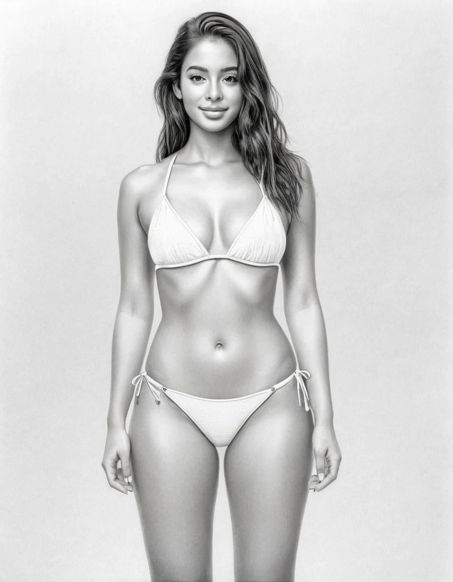 Graphite pencil drawing of the same 20yo Brazilian woman, front and back view, full body, standing, wearing white bikini, white background