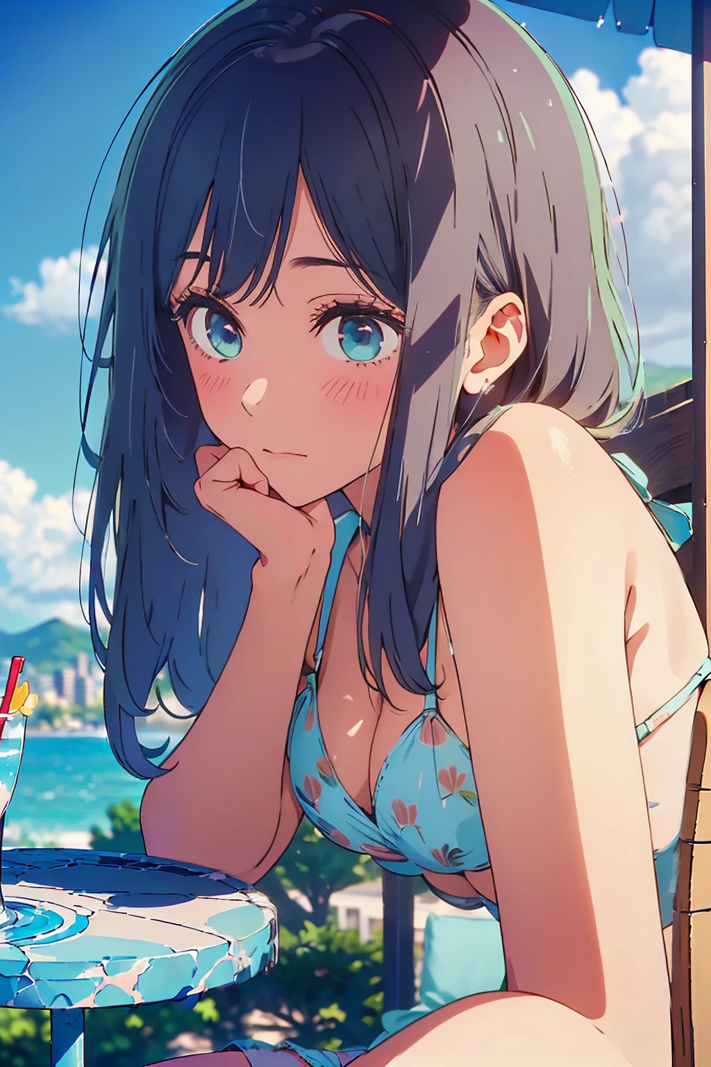 (Highest quality:1.4、masterpiece:1.4、Super detailed:1.4、8K:1.4)、F cup bust、Big Breasts、Slim body、((((1 person、Kissing Face、sit、Chair、In the background are the urban buildings of Tokyo、looking at the camera、Outdoor café terrace、coastal、Navy hair color、juice、Shooting up close、table、Very cute face))))、(Pose of putting hair behind ears with hands:1.4、Cheek resting on hand:1.4)、((nude、Areola、bikini size too small))、Seamless see-through top、Very blue sky、A completely cloudless sky、Big eyes、((((Shallow depth of field))))