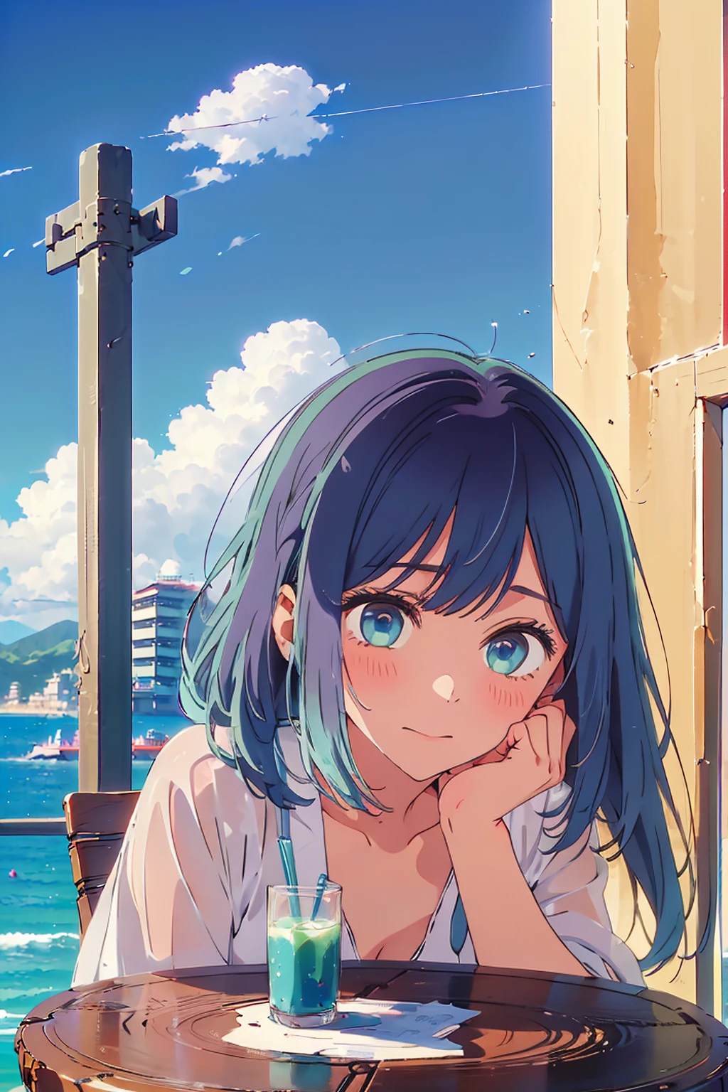 (Highest quality:1.4、masterpiece:1.4、Super detailed:1.4、8K:1.4)、F cup bust、Big Breasts、Slim body、((((1 person、Kissing Face、sit、Chair、In the background are the urban buildings of Tokyo、looking at the camera、Outdoor café terrace、coastal、Navy hair color、juice、Shooting up close、table、Very cute face))))、(Pose of putting hair behind ears with hands:1.4、Cheek resting on hand:1.4)、((nude、Areola、bikini size too small))、Seamless see-through top、Very blue sky、A completely cloudless sky、Big eyes、((((Shallow depth of field))))