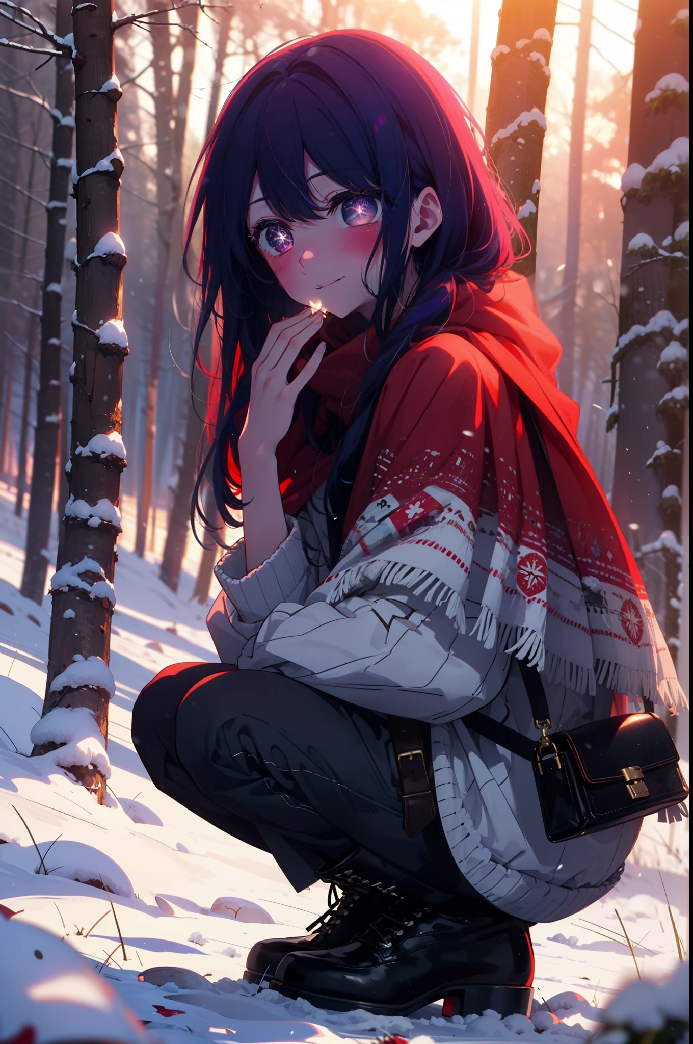 aihoshino, Ai Hoshino, Long Hair, bangs, (Purple eyes:1.1), Purple Hair, (Symbol-shaped pupil:1.5), smile,,smile,blush,White Breath,
Open your mouth,snow,Ground bonfire, Outdoor, boots, snowing, From the side, wood, suitcase, Cape, Blurred, , forest, White handbag, nature,  Squat, Mouth closed, Cape, winter, Written boundary depth, Black shoes, red Cape break looking at viewer, Upper Body, whole body, break Outdoor, forest, nature, break (masterpiece:1.2), Highest quality, High resolution, unity 8k wallpaper, (shape:0.8), (Beautiful and beautiful eyes:1.6), Highly detailed face, Perfect lighting, Highly detailed CG, (Perfect hands, Perfect Anatomy),