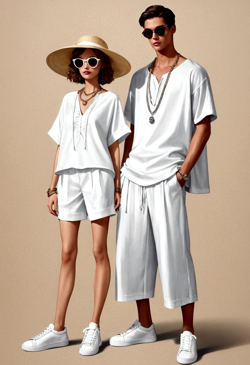 candid fashion illustration of young man and woman, both aged 20 year old, ((showcase fashion in a White cotton-rayon outfits)), inspired by Christian Dior's resort collection in elegant bohemian style. The man wears an oversized short-sleeved white shirt, paired with relaxed-fit white Drawstring short Pants, He completes his look with sneakers, wooden-framed sunglasses, and a woven bracelet. The woman complements him in a white rayon dress with Drawstring and ruffle ruffle skirt details, Her ensemble includes an accessorizes with a wide-brimmed straw hat, white sneakers and necklace. Captured in a ((full-body pose)), ((paper material background)), realistic charcoal lines, imperfect drawing, charcoal lines, fading sketch, quick Sketch, 