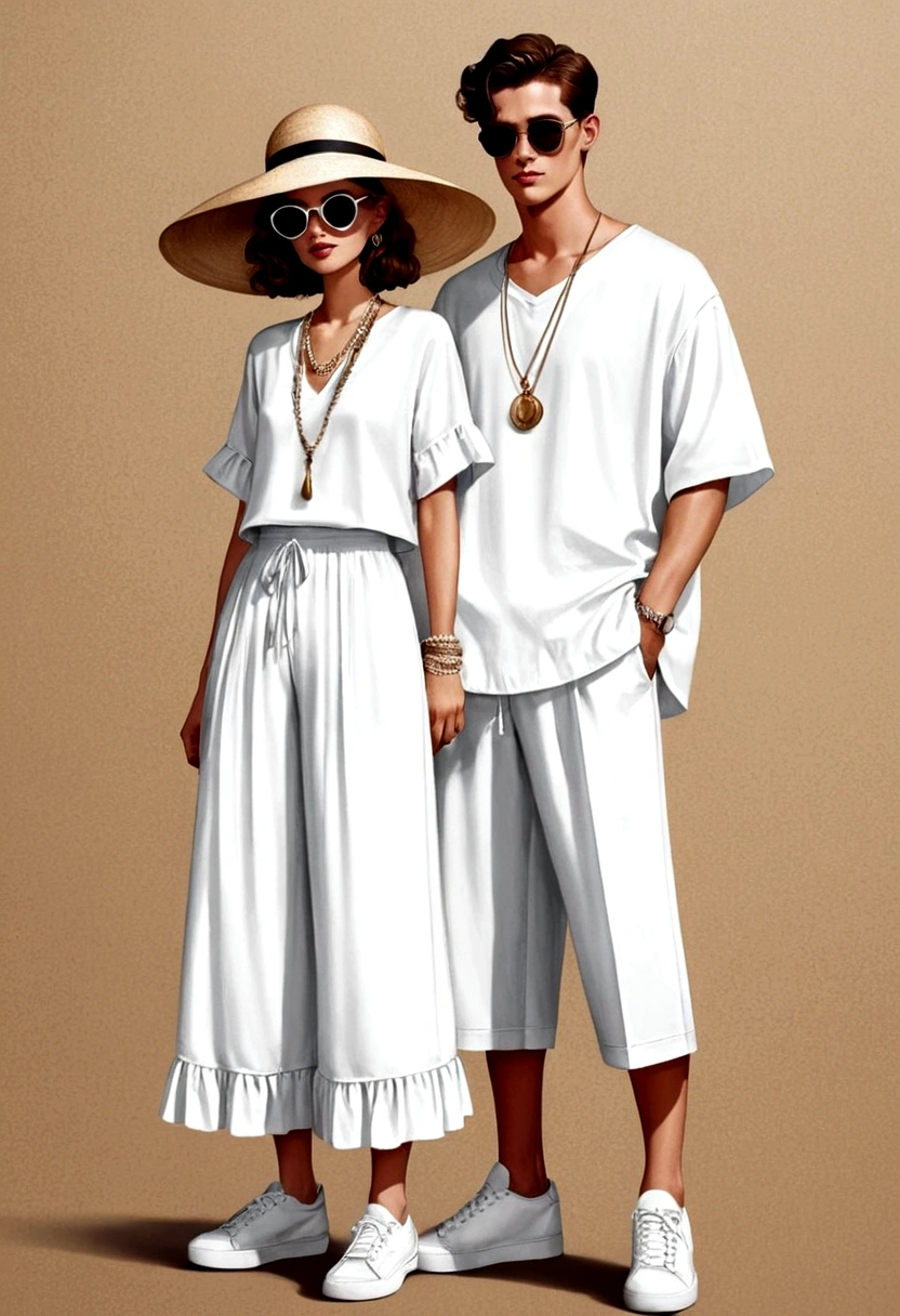 candid fashion illustration of young man and woman, both aged 20 year old, ((showcase fashion in a White cotton-rayon outfits)), inspired by Christian Dior's resort collection in elegant bohemian style. The man wears an oversized short-sleeved white shirt, paired with relaxed-fit white Drawstring short Pants, He completes his look with sneakers, wooden-framed sunglasses, and a woven bracelet. The woman complements him in a white rayon dress with Drawstring and ruffle ruffle skirt details, Her ensemble includes an accessorizes with a wide-brimmed straw hat, white sneakers and necklace. Captured in a ((full-body pose)), ((paper material background)), realistic charcoal lines, imperfect drawing, charcoal lines, fading sketch, quick Sketch,